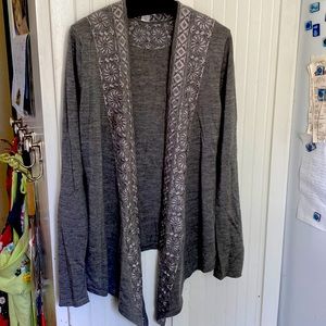 Garnet Hill 100% Merino Wool Cardigan Sweater, Embroidered Lapel